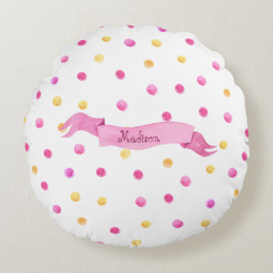 Pink & Yellow Polka Dot Name Banner Girl Niedlich Rundes Kissen