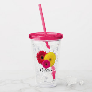 Pink Yellow Red Gerbera Daisy PERSONALISIERT Acryltrinkbecher
