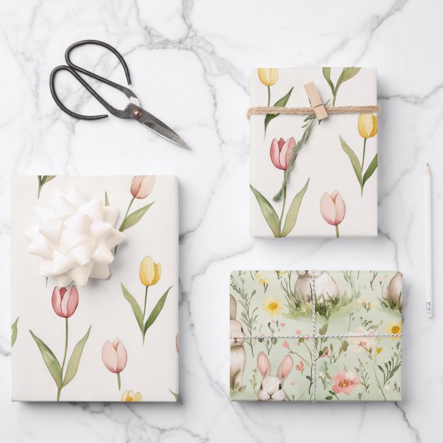 Pink Yellow Tulip Flowers Easter Geschenkpapier Set (Vorderseite)
