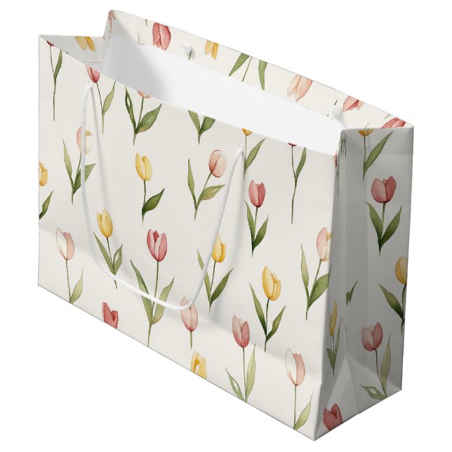 Pink Yellow Tulip Flowers Easter Große Geschenktüte (Vorderseite Schrägansicht)