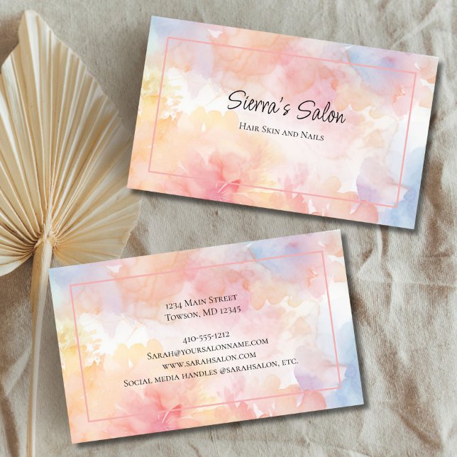 Pink Yellow Watercolor Wash Hair Nail Wellness-Cen Visitenkarte (Pink yellow watercolor wash Hair Nails Spa Salon business card)