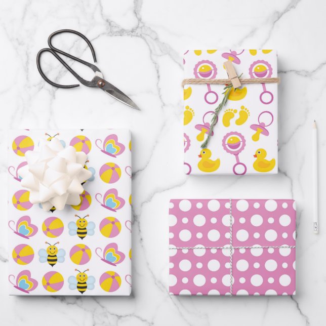 PINK YELLOW WHITE NIEDLICH BABY GIRL ITEMS GESCHENKPAPIER SET (Vorderseite)