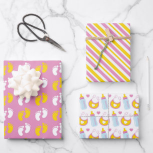 PINK YELLOW WHITE NIEDLICH BABY GIRL ITEMS GESCHENKPAPIER SET