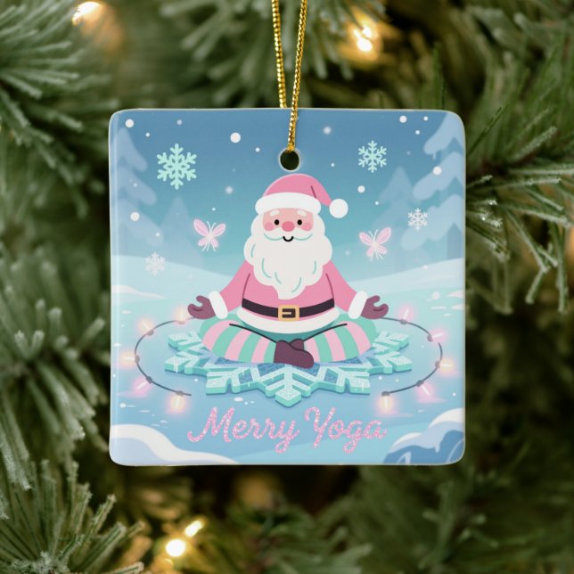 Pink Yoga Santa Meditation Christmas Keramikornament (Baum)