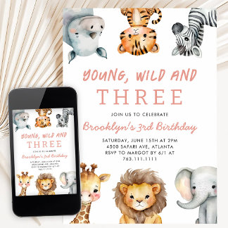 Pink Young Wild und Drei Safari-Geburtstagsfeier Einladung