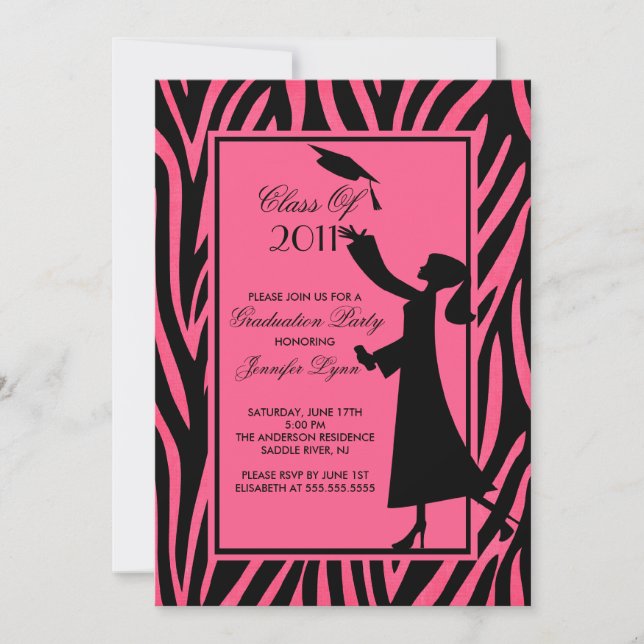 Pink Zebra Abschluss Einladung Silhouette Grad (Vorderseite)