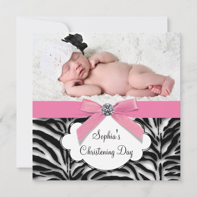 Pink Zebra Baby Girl Foto Christening Einladung (Vorderseite)