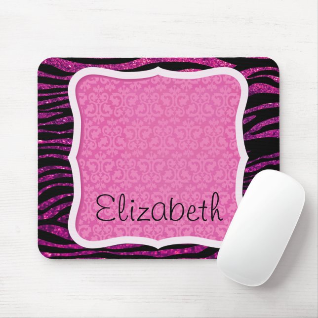 Pink Zebra, Glitzer Zebra, Zebra Print, Ihr Name Mousepad (Mit Mouse)