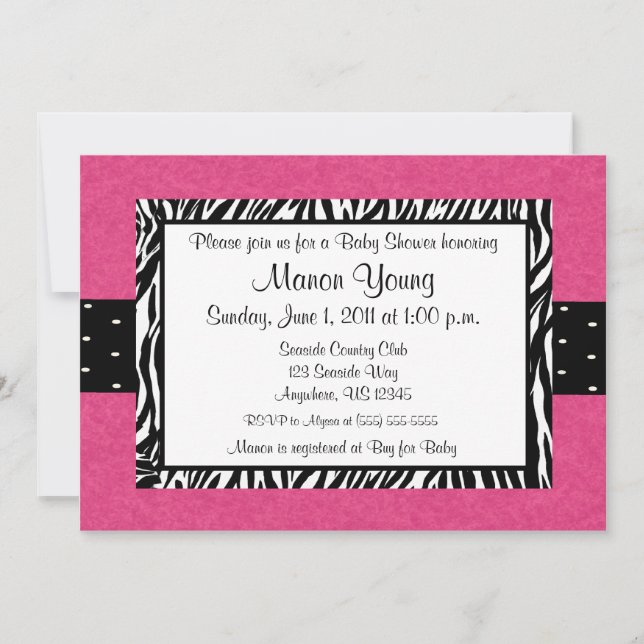 Pink Zebra Print Baby oder Bridal Dusche Einladung (Vorderseite)