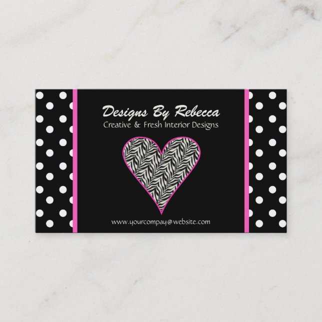 Pink Zebra Print Heart & Polka Dos Business Card Visitenkarte (Vorderseite)
