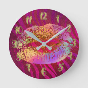 Pink Zebra Print Rainbow Glitter Lips Kiss Custom Runde Wanduhr