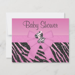 Pink Zebra Printed Bow & Glitter Look Baby Shower Einladung
