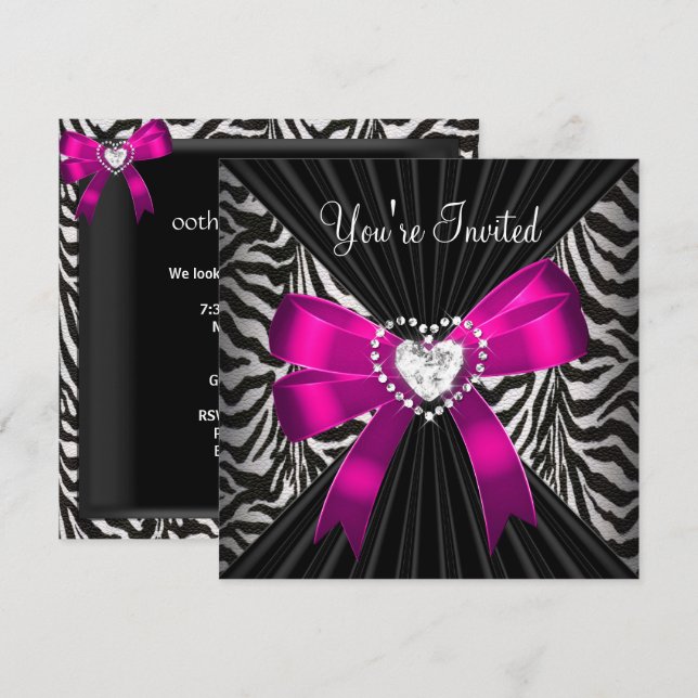 Pink Zebra Stripe Black Birthday Party Bild Einladung (Vorne/Hinten)