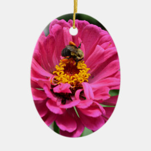 Pink Zinnia and Bumble bee Keramikornament