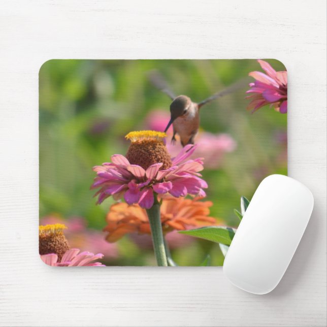 Pink Zinnia Flowers Hummingbird Photography Mousepad (Mit Mouse)
