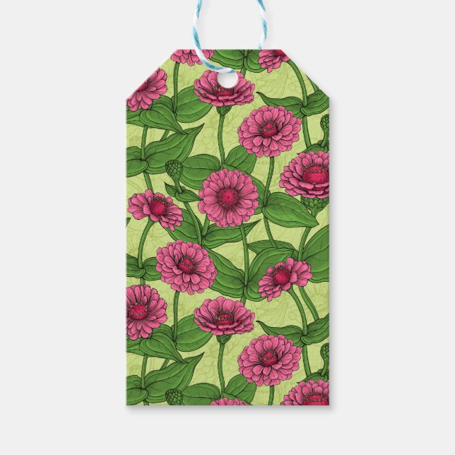 Pink Zinnias auf hellgrün Geschenkanhänger (Vorderseite)