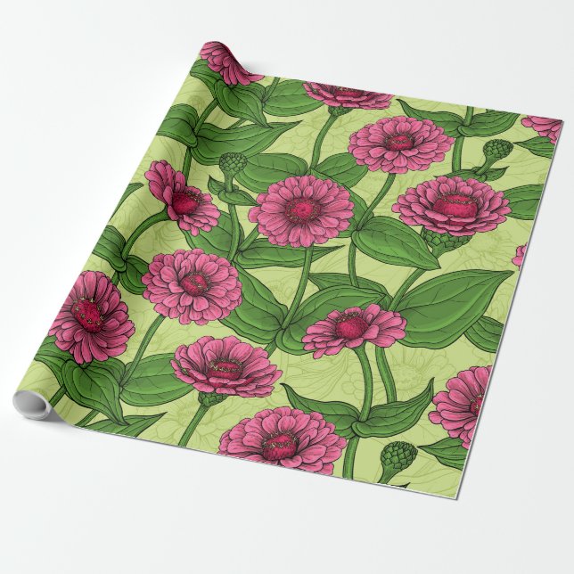 Pink Zinnias auf hellgrün Geschenkpapier (Ungerollt)