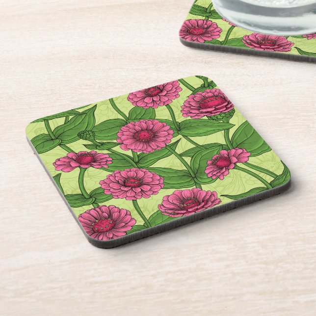 Pink Zinnias auf hellgrün Getränkeuntersetzer (Linke Seite)