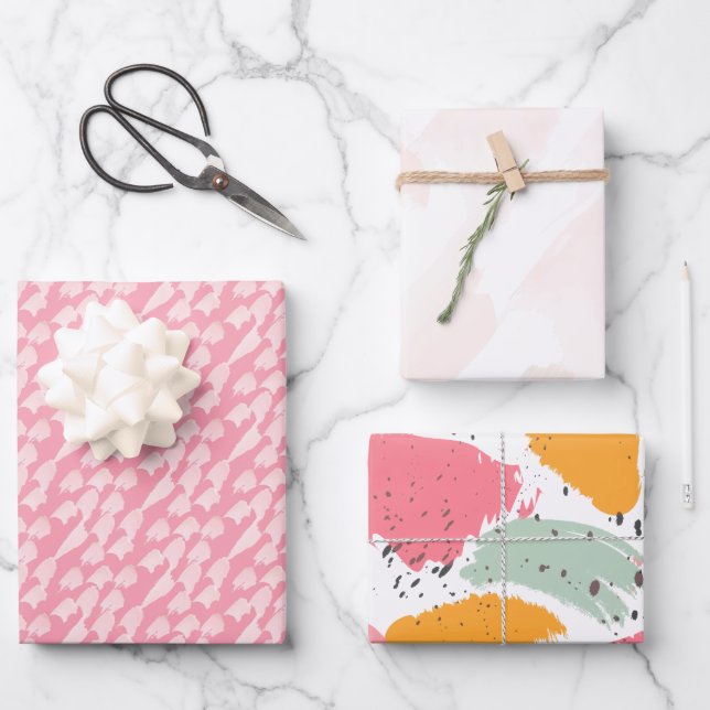 Pinke Abstrakte Wasserfarben Pinselstriche Geschenkpapier Set (Vorderseite)