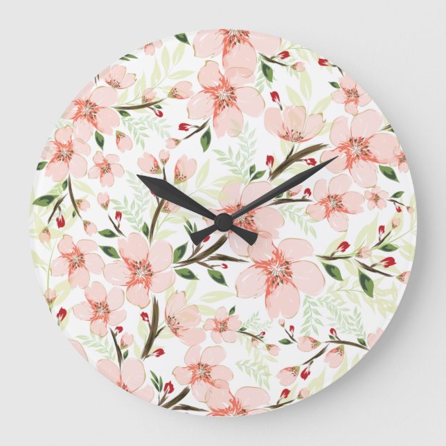 Pinke Blumen Große Wanduhr (Vorderseite)