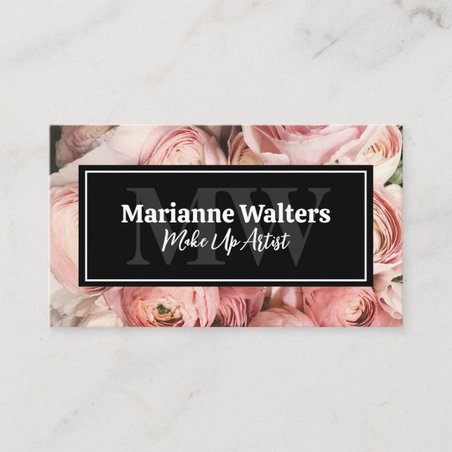 Pinke Blumen | Monogramm Visitenkarte (Vorderseite)