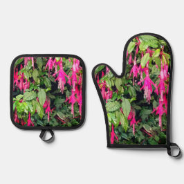 Pinke Blumen Ofenhandschuh & Topflappen-Set