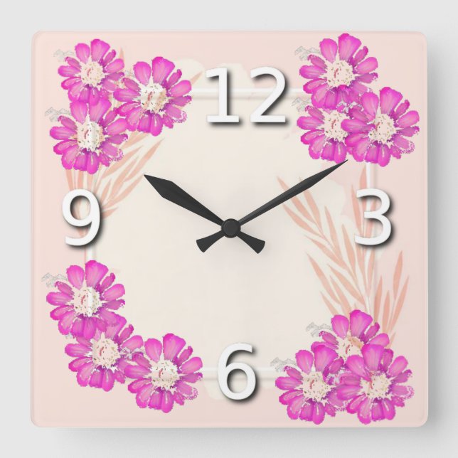 Pinke Blumen Quadratische Wanduhr (Vorderseite)