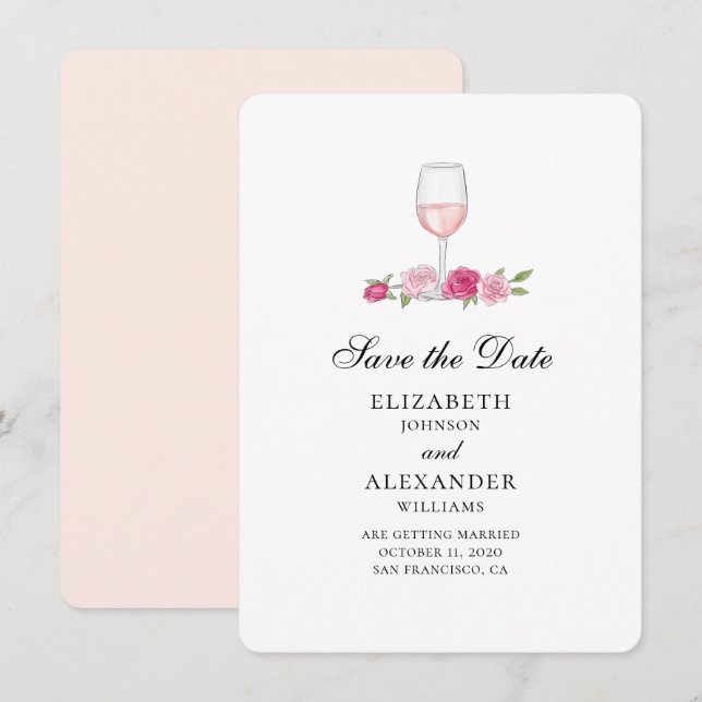 Pinke Blumen. Wine Glass. Rose Save the Date Einladung (Vorne/Hinten)