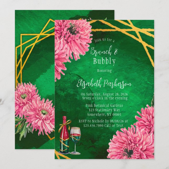 Pinke Chrysanthemums Geometrische Brunch & Bubbly Einladung (Vorne/Hinten)