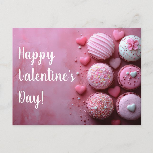Pinke Macarones mit Herzen Valentinstag Postkarte (Vorderseite)