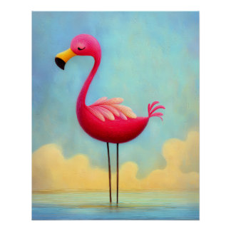 pinker Flamingo im blauen Wasser - Cartoon Stil Poster