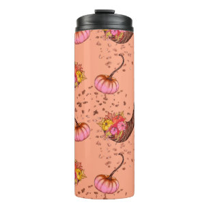 Pinker Kürbis mit Herbstblättern und -hornen Thermosbecher