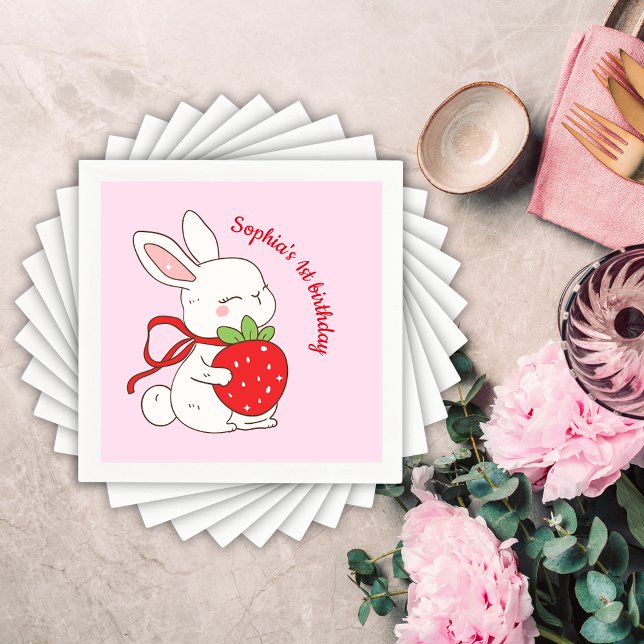 Pinkes Erdbeer-Hasen-Geburtstag Serviette (Von Creator hochgeladen)