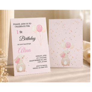 Pinkes Hasen-Einladung zum 1. Geburtstag Bearbei Einladung