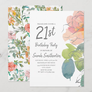 Pinkes Korallen-Boho-Wasserfarben-Blumen zum 21. G Einladung