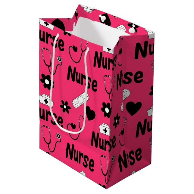 Pinkes Krankenpfleger-Leben nahtloses Muster (2) Mittlere Geschenktüte (Vorderseite Schrägansicht)