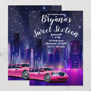 Pinkes Limo Limousine Stadt Sweet 16 Geburtstagsfo Einladung