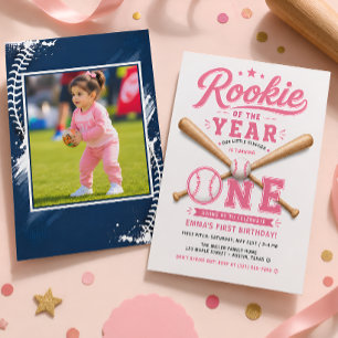 Pinkes Mädchen-Baseball-Erstgeburtstagsfeier Einladung