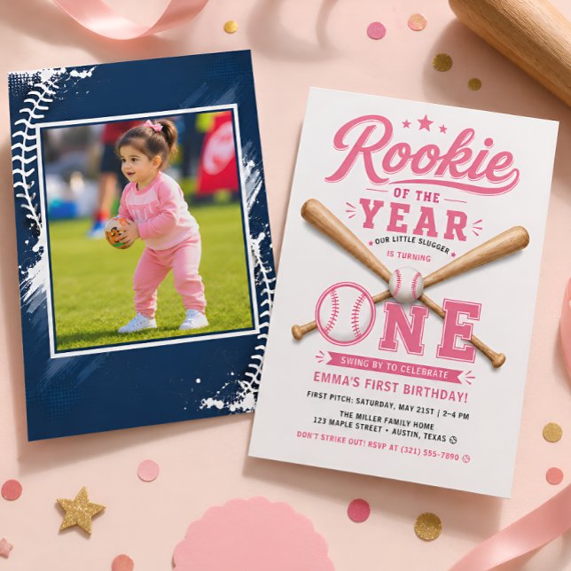 Pinkes Mädchen-Baseball-Erstgeburtstagsfeier Einladung (Von Creator hochgeladen)