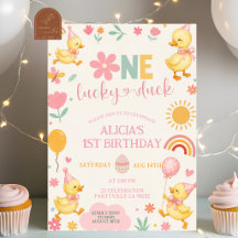 Pinkes Mädchen One Lucky Duck Geburtstagseinladung