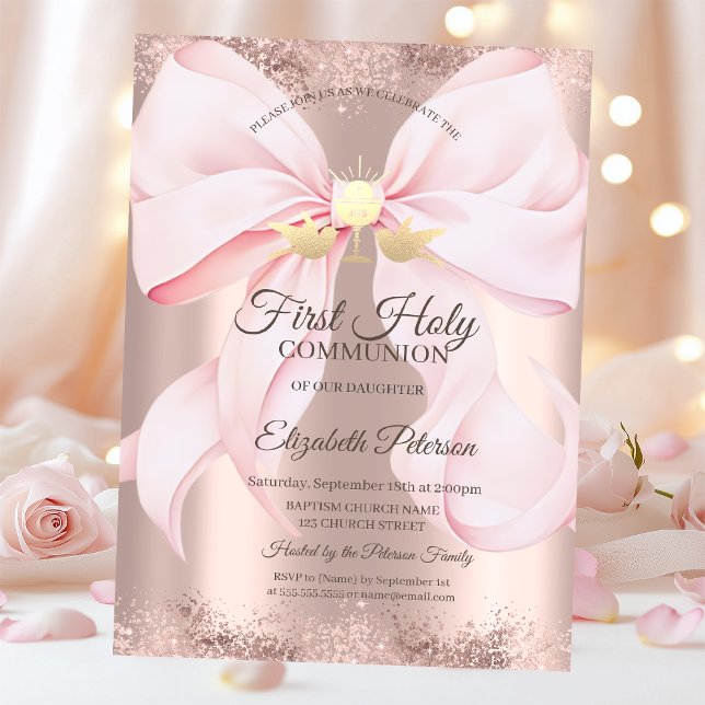 Pinkes Schleifen-Roségold zur Erstkommunion   Einladung (Von Creator hochgeladen)