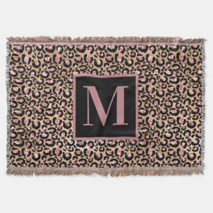 Pinkes Schwarz-Gold-Cheetah/Leopard-Monogramm Anfa Decke