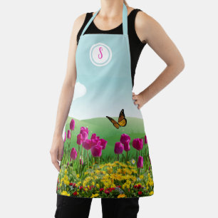 Pinkes Tulpen-Blumengarten-Monogramm Schürze