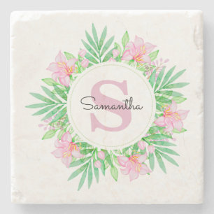 Pinkes Wasserfarben-Monogramm mit Blumen Steinuntersetzer