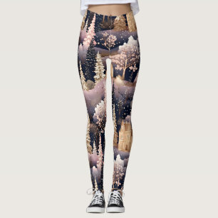 Pinkes Winterhirsch-Fantasieschloss-Landschaft (2) Leggings