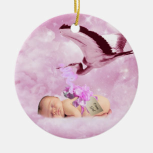 Pinkfarbene Babywolken und StorchWeihnachtsschmuck Keramikornament