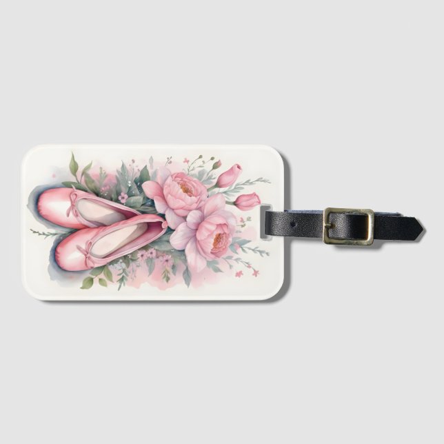 Pinkfarbene Ballettschuhe und Blume Gepäckanhänger (Vorderseite (Horizontal))