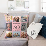 Pinkfarbene Bilderkollektion Geburtstag Kissen<br><div class="desc">Ein einzigartiges Geschenk für einen 21. Geburtstag,  das ihr Leben mit einer Collage von 8 Ihrer eigenen Fotos,  Bilder feiert. Personalisieren und geben Sie ihren Namen,  Alter und Datum ein. Eine weiche,  rosa Hintergrundfarbe,  grauer Text. Der Name ist mit einem modernen handgeschriebenen Stilskript geschrieben.</div>