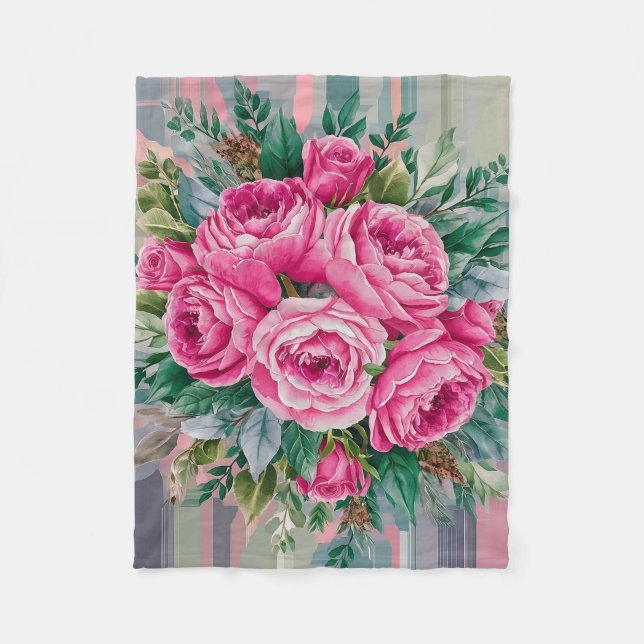 Pinkfarbene blaue Rose Aquarellfarben Fleecedecke (Vorderseite)