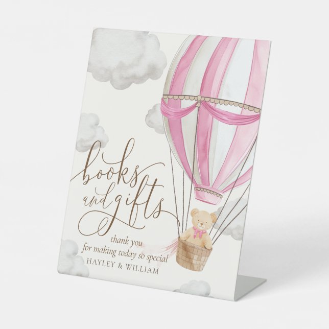 Pinkfarbene Bücher und Geschenke Kinderdusche wart Sockelschild (Vorderseite)